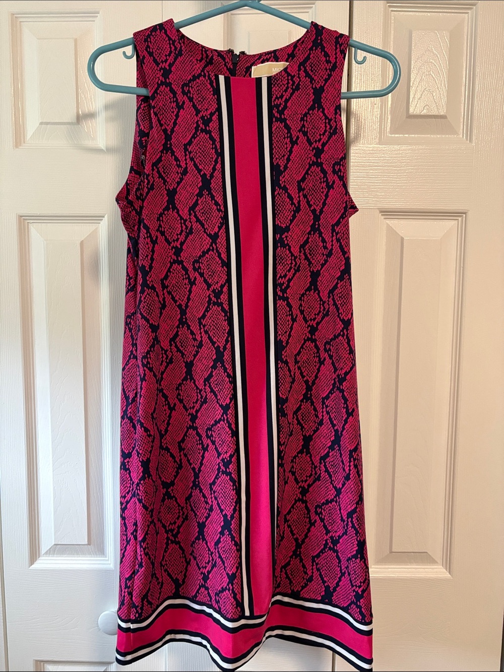 MICHAEL Michael Kors Fuchsia Snake-Print Midi Shift Dress with Navy Stripe